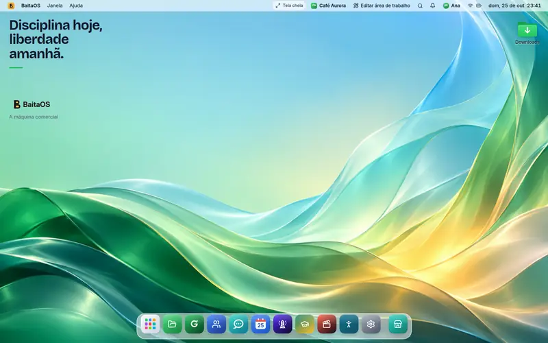 Área de trabalho do BaitaOS com o Dock de apps