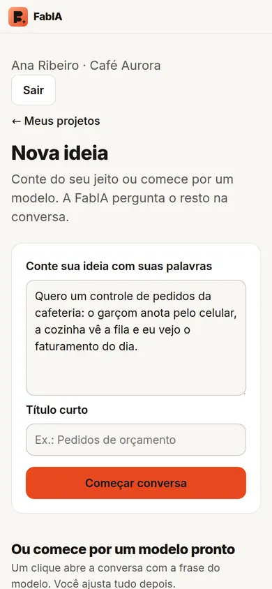 FabIA no celular, tela de nova ideia