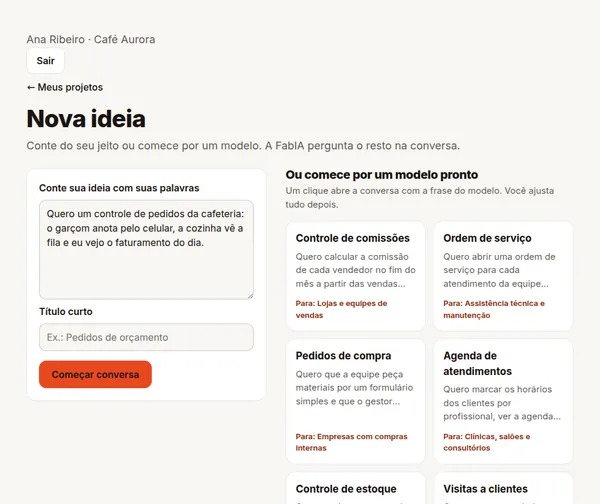 FabIA de verdade: tela de nova ideia com modelos prontos